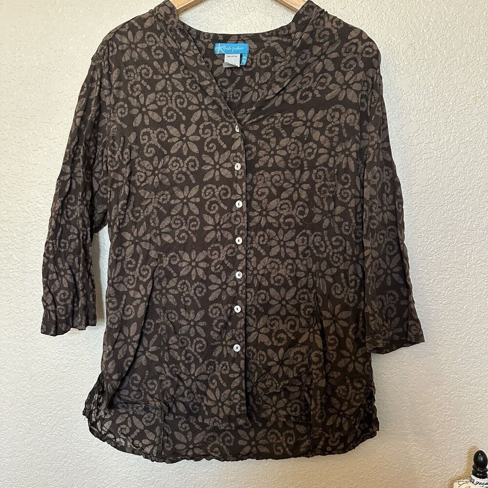 fresh produce 100% cotton brown 3/4 sleeve button up‎ shirt casual Medium